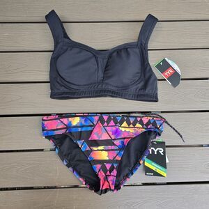 TYR Womens  Solid Black Lily Top W/ Santa Rosa Bikini Multi/black Sz M NEW